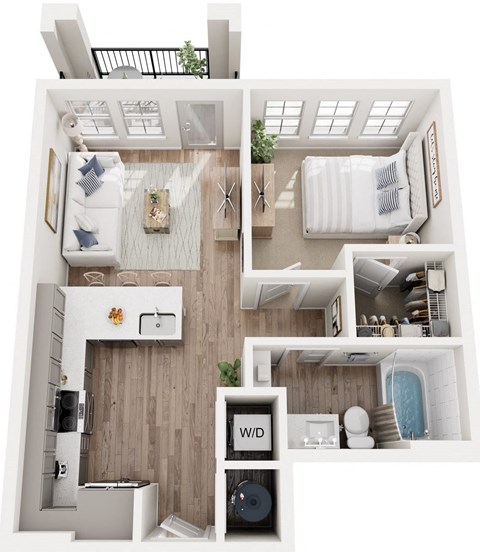 Floor plan for 1 bed, 1 bath, 601 sqft